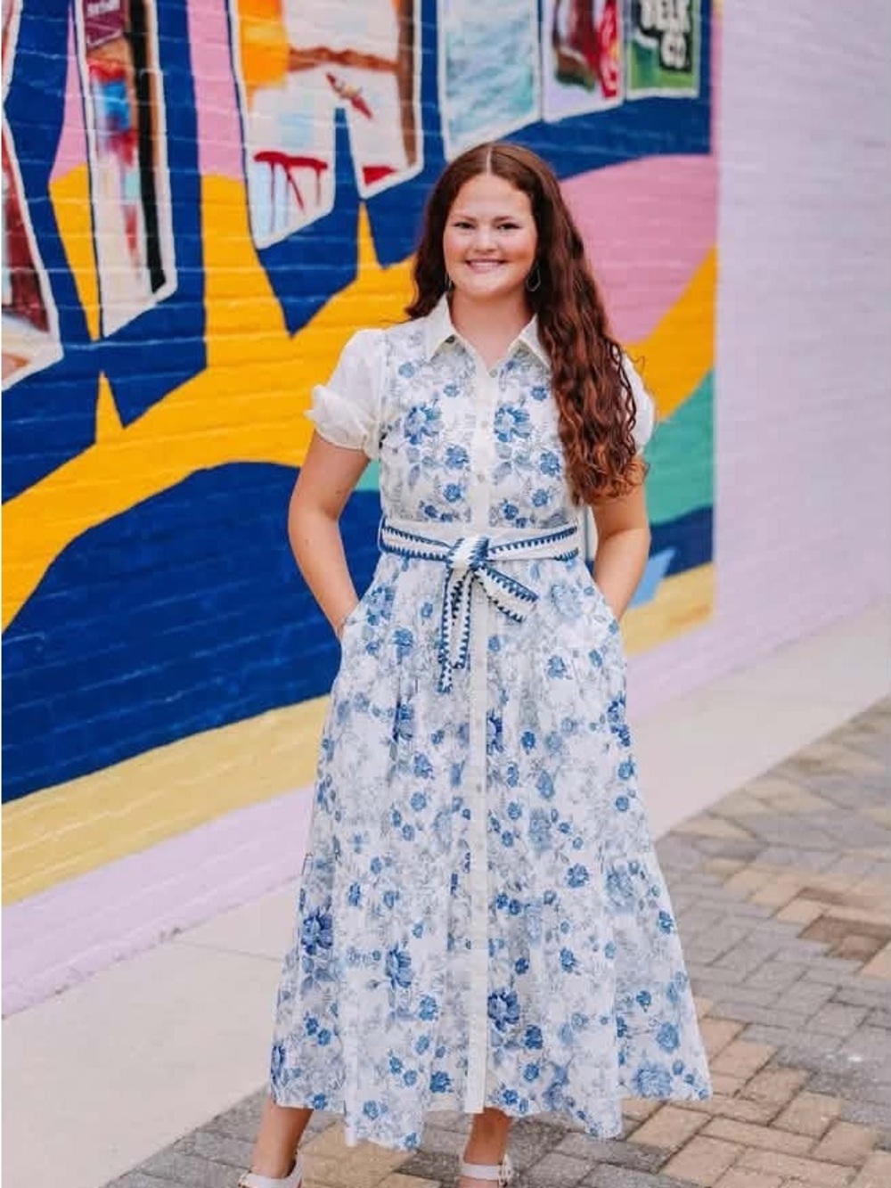 JODIFL White and Blue Floral Maxi Shirt Dress with Waist Tie
